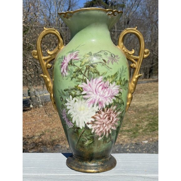 LARGE 15.5" Antique Continental Porcelain Hand Painted Gilt Handled Vase - Picture 3 of 16